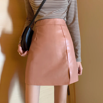 Women's shiny PU leather pencil skirt with high waist and side zipper in pink, black, or yellow