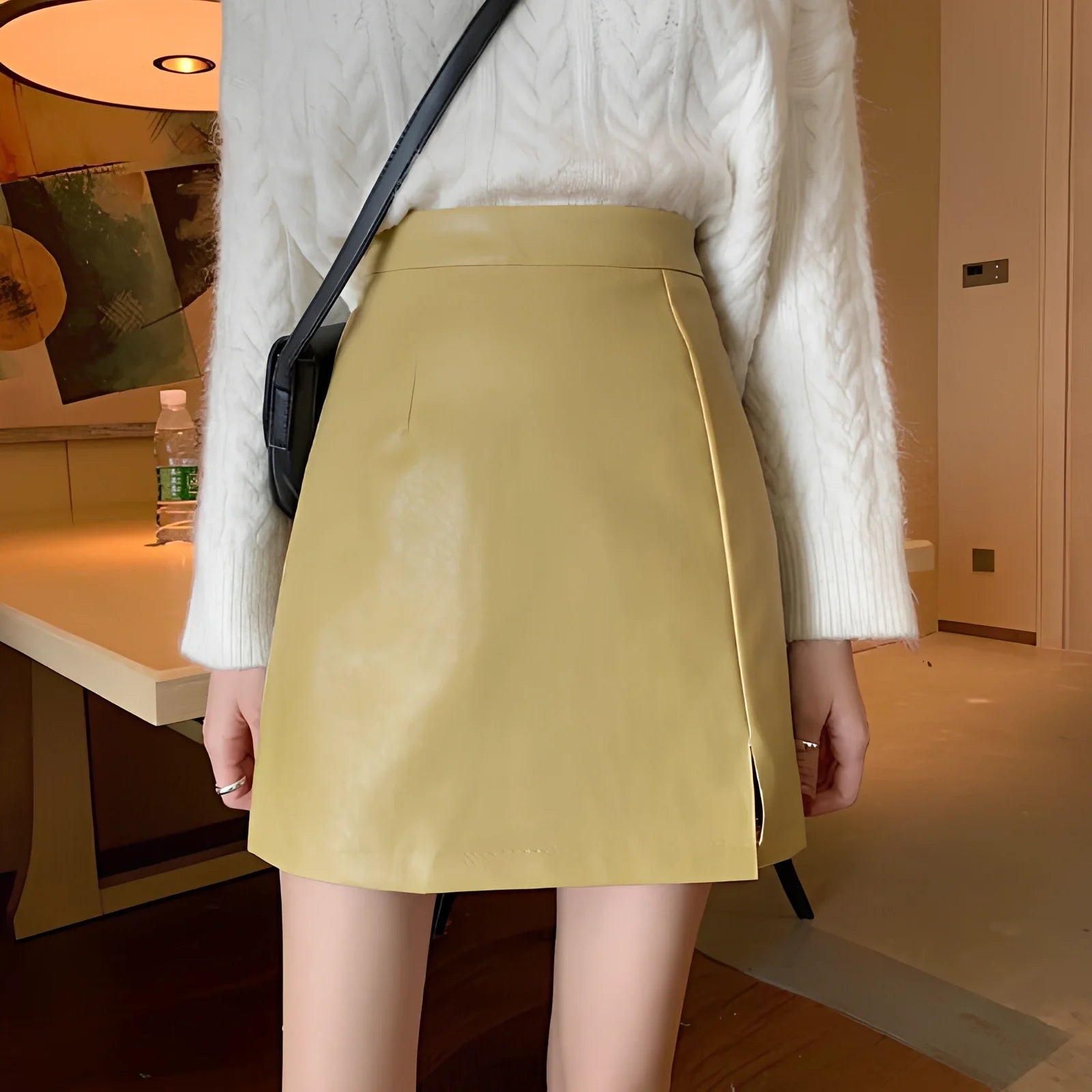 Women's shiny PU leather pencil skirt with high waist and side zipper in pink, black, or yellow