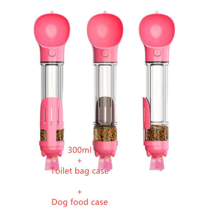 Versatile pet water bottle with integrated feeding bowl and waste bag storage compartment for on-the-go pet care