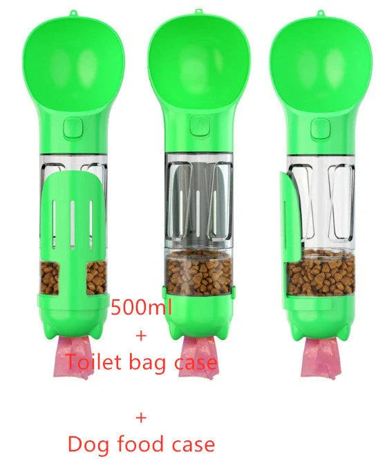 Versatile pet water bottle with integrated feeding bowl and waste bag storage compartment for on-the-go pet care