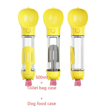 Portable 3-in-1 dog water bottle with feeder bowl and garbage bag storage in lake blue, yellow, green, and pink