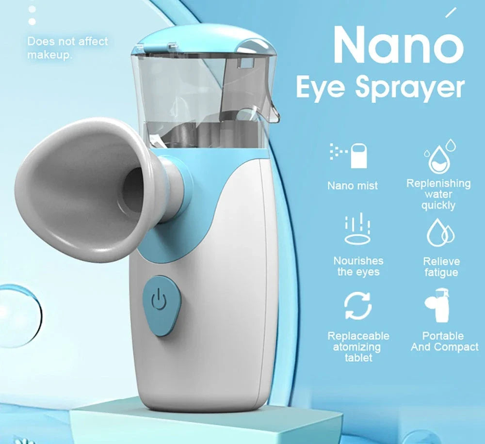 Nano Steamer Eye Sprayer in blue and pink, compact and portable for eye care on the go