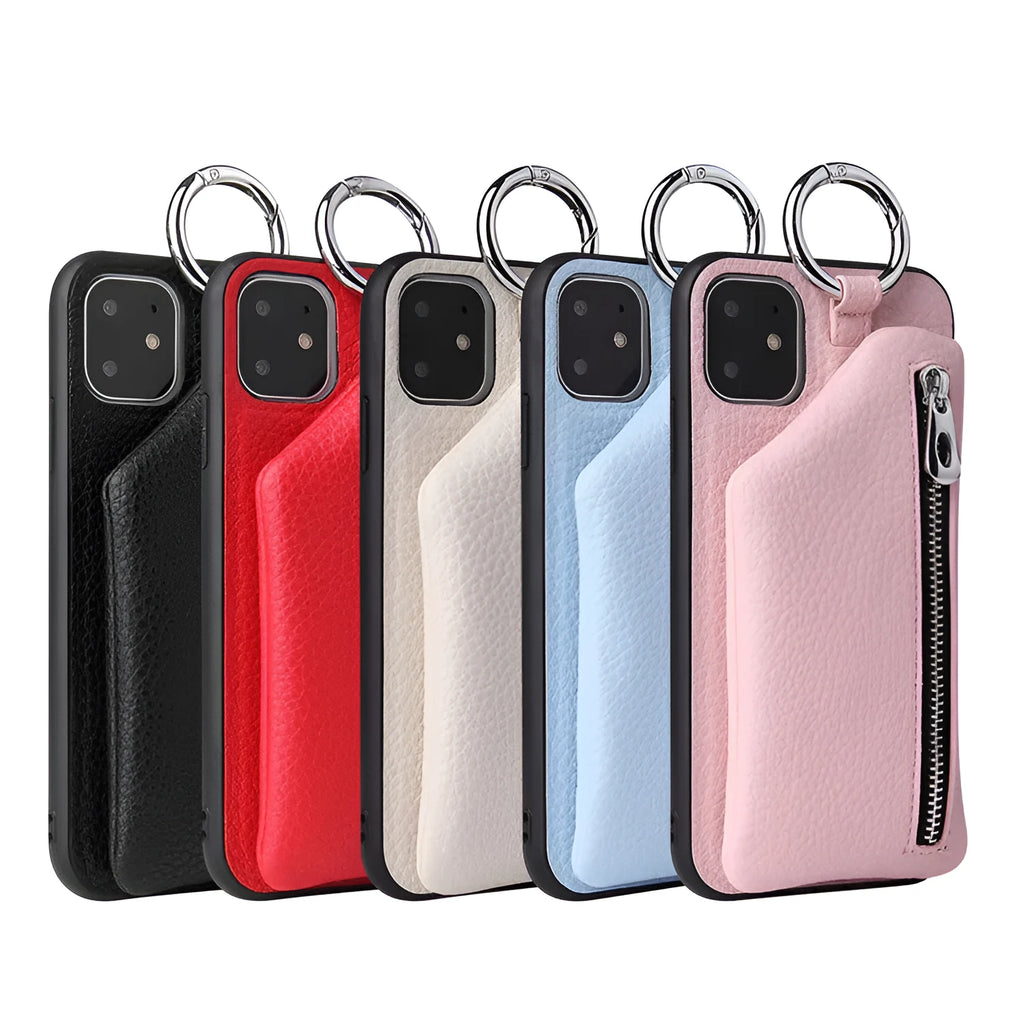 Pink imitation leather iPhone case with a crossbody neck lanyard and a visible card slot on the back.