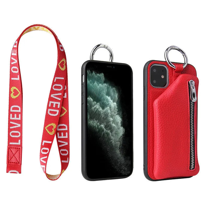 Pink imitation leather iPhone case with a crossbody neck lanyard and a visible card slot on the back.
