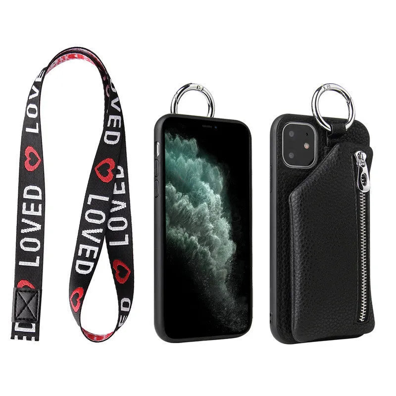 Pink imitation leather iPhone case with a crossbody neck lanyard and a visible card slot on the back.