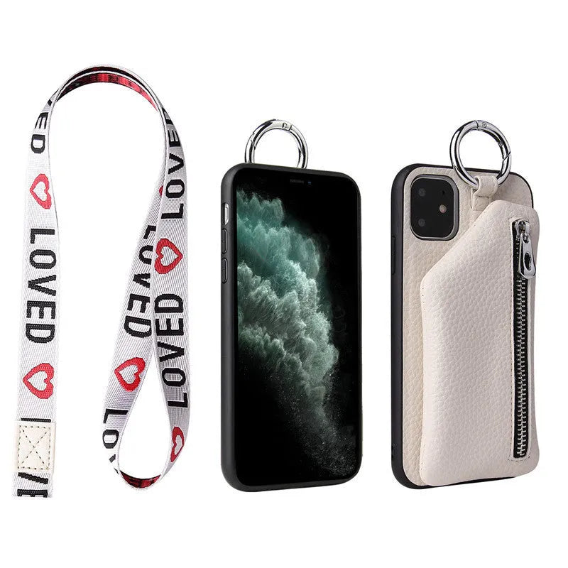 Pink imitation leather iPhone case with a crossbody neck lanyard and a visible card slot on the back.