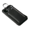 Pink imitation leather iPhone case with a crossbody neck lanyard and a visible card slot on the back.