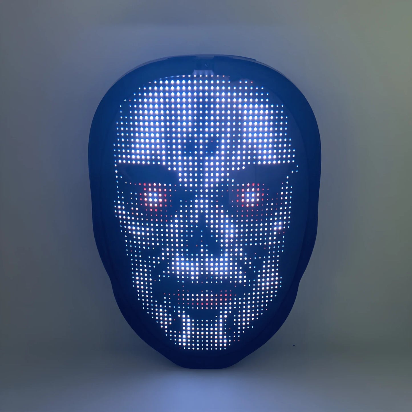 Bluetooth-controlled LED face mask showing custom text display with vintage styling for event use