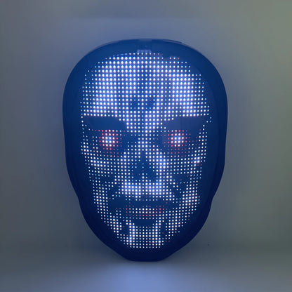 Bluetooth-controlled LED face mask showing custom text display with vintage styling for event use
