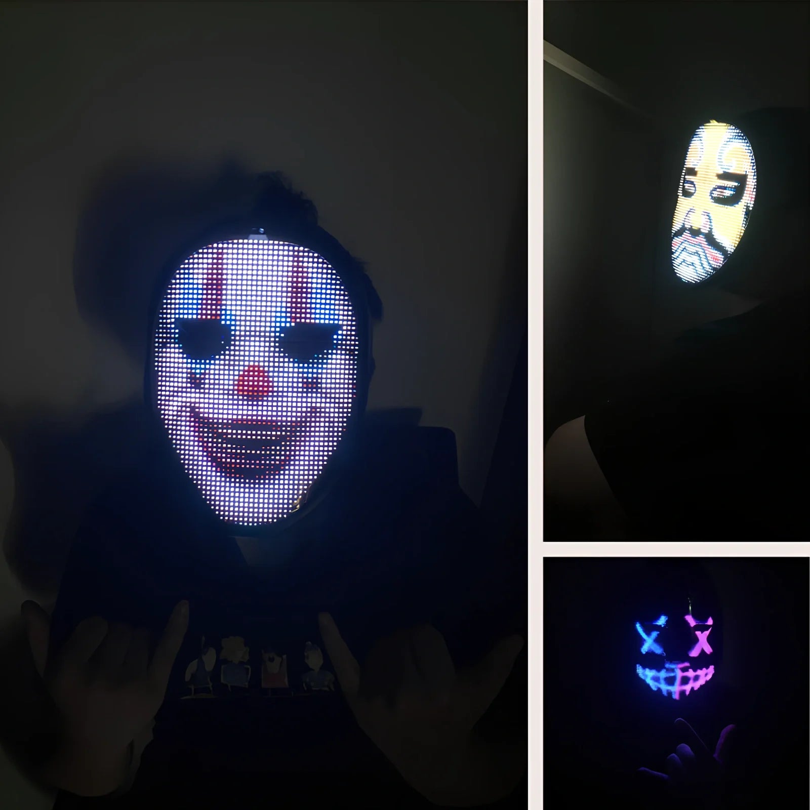 Bluetooth-controlled LED face mask showing custom text display with vintage styling for event use