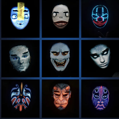Bluetooth-controlled LED face mask showing custom text display with vintage styling for event use