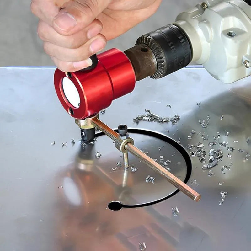 Red metal nibbler cutter tool attachment for electric drills cutting sheet metal