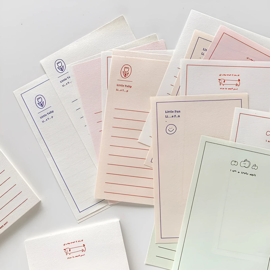 Apple-compatible memo pad showing blue tulip design with 30 pages and lined paper option