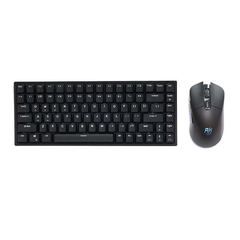RK526 wireless mechanical keyboard and mouse set in blue colour with USB transmitter and charging cable