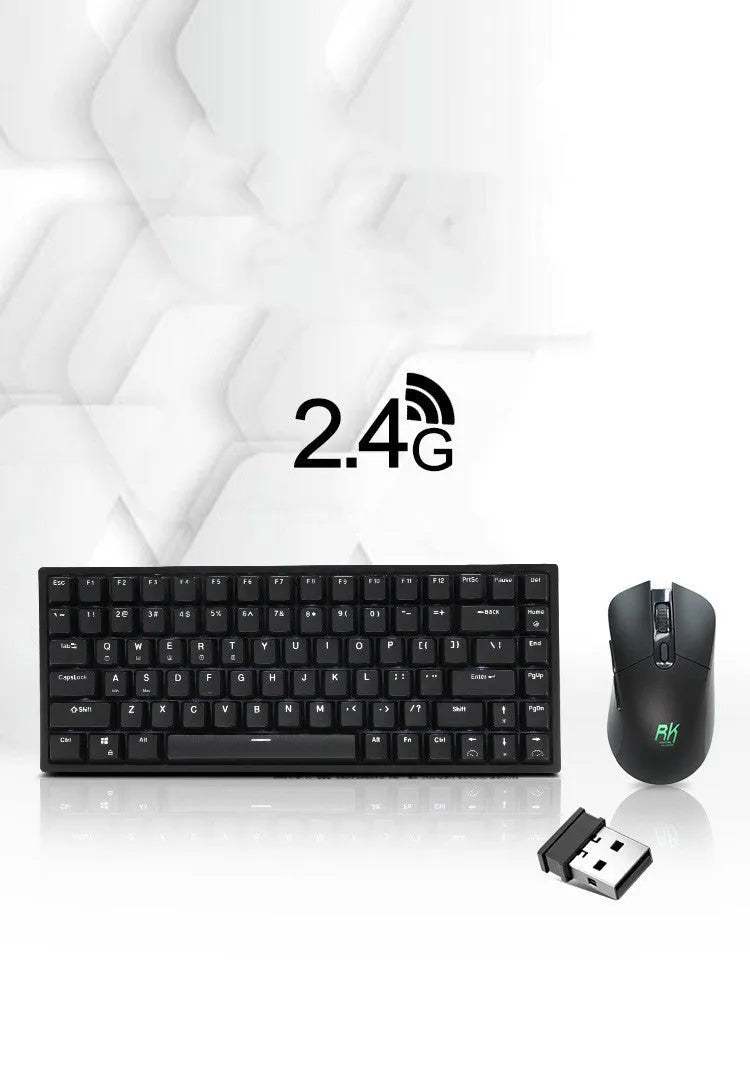 RK526 wireless mechanical keyboard and mouse set in blue colour with USB transmitter and charging cable