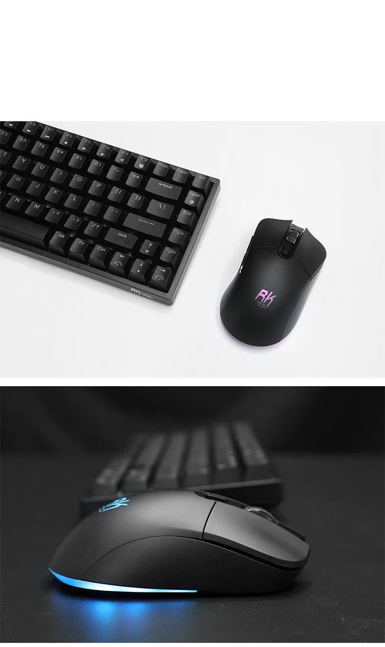 RK526 wireless mechanical keyboard and mouse set in blue colour with USB transmitter and charging cable