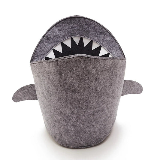 Shark-shaped felt toy storage basket for kids in grey, foldable design