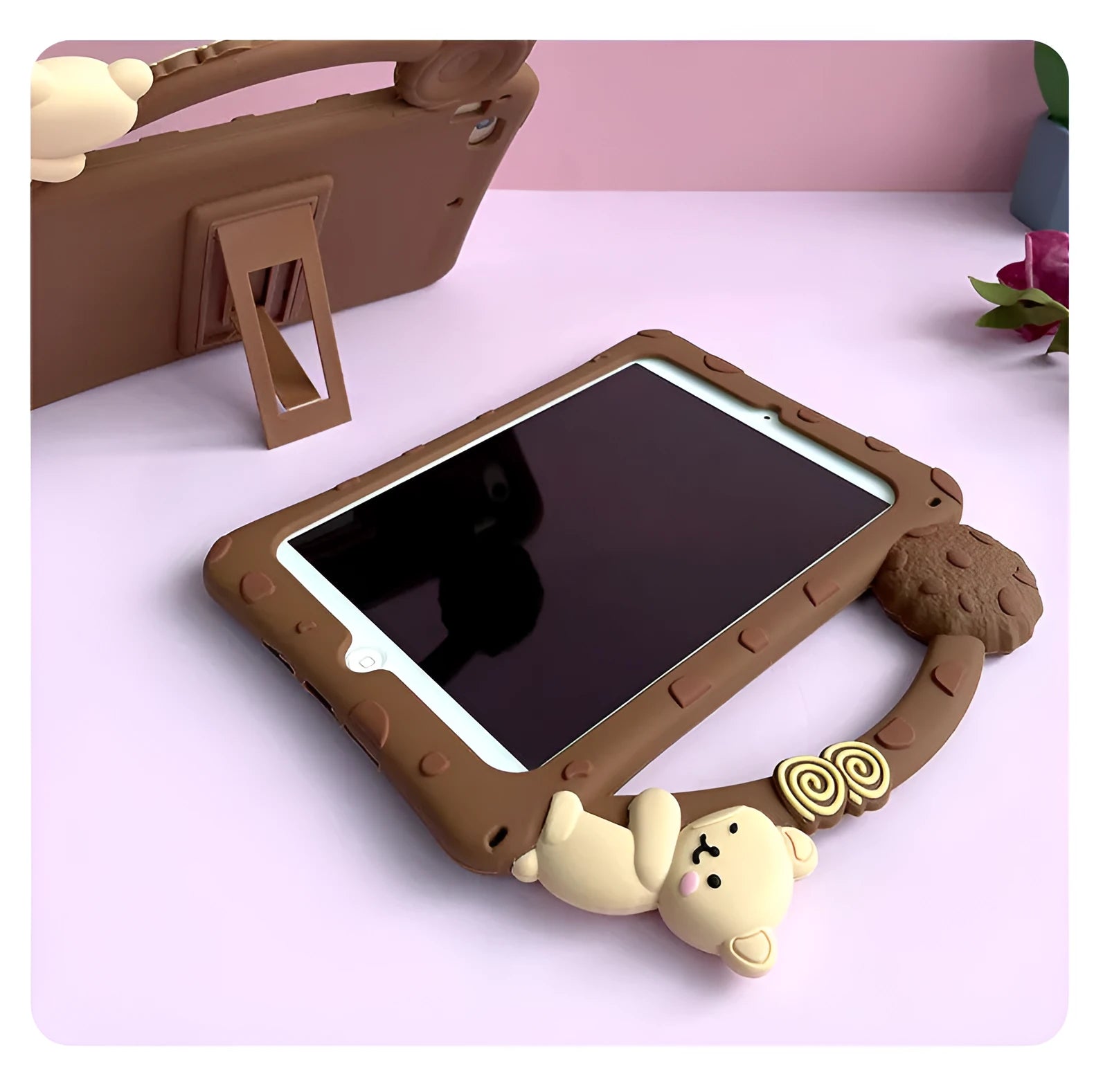 Brown silicone sleeve case for iPad showing portable bracket design.