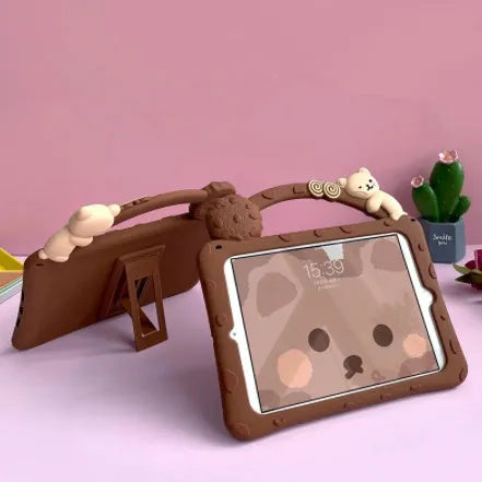 Brown silicone sleeve case for iPad showing portable bracket design.