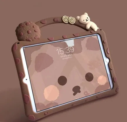 Brown silicone sleeve case for iPad showing portable bracket design.