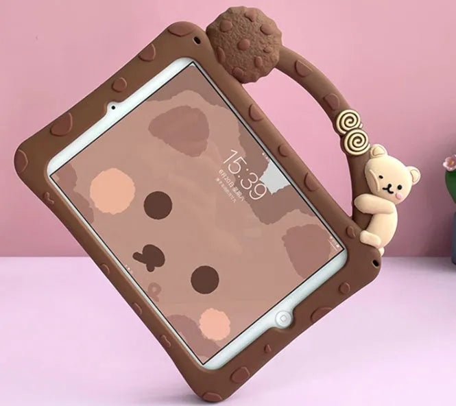 Brown silicone sleeve case for iPad showing portable bracket design.