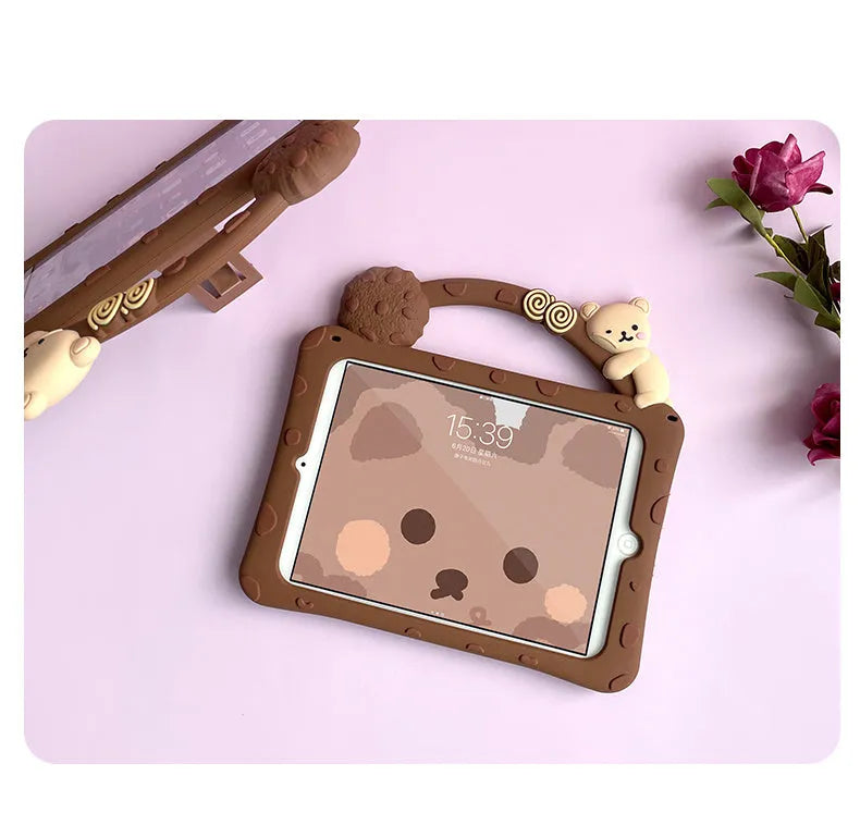 Brown silicone sleeve case for iPad showing portable bracket design.