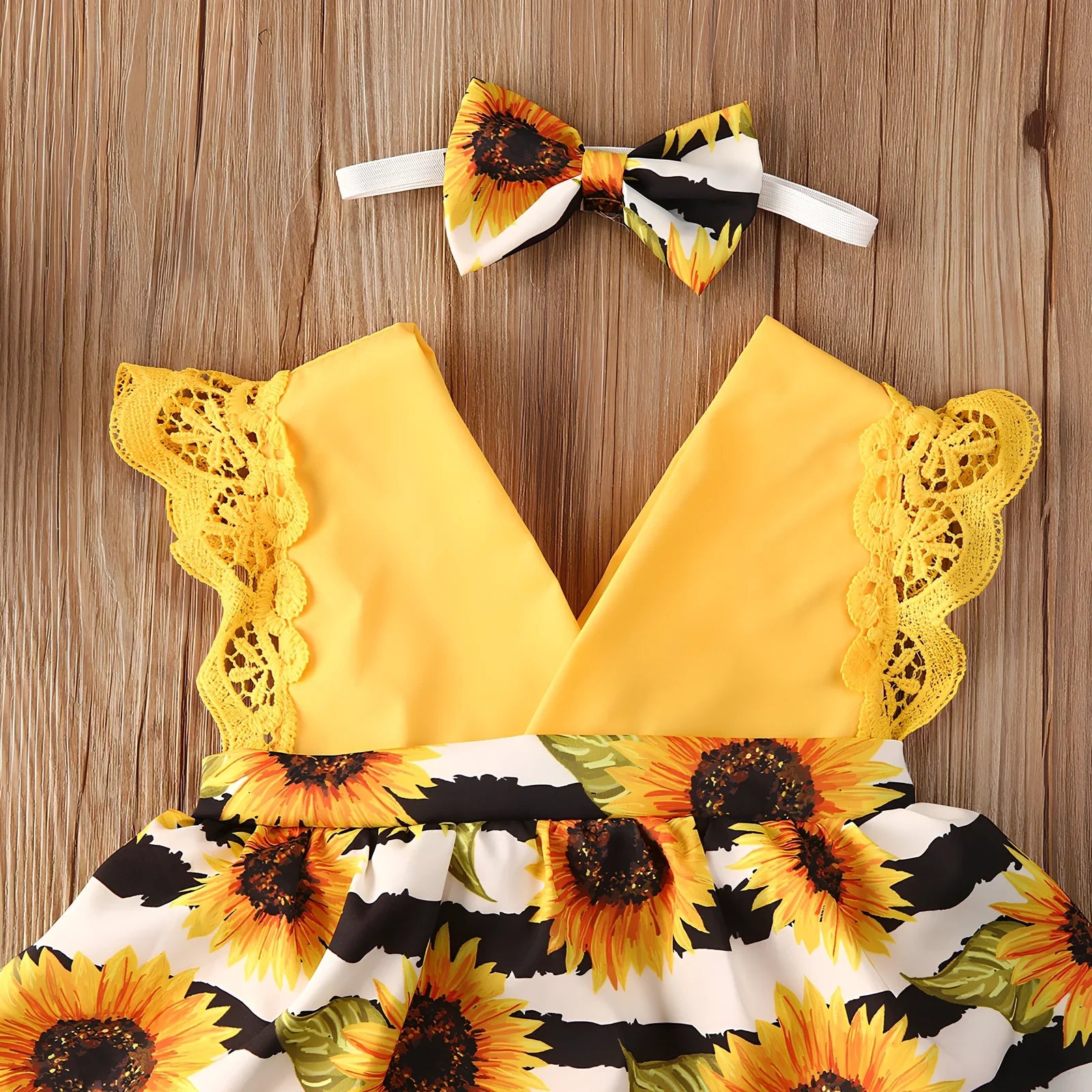 Yellow sunflower lace baby romper size 70-100cm, 80% polyester, breathable for summer, lengths 39-45cm