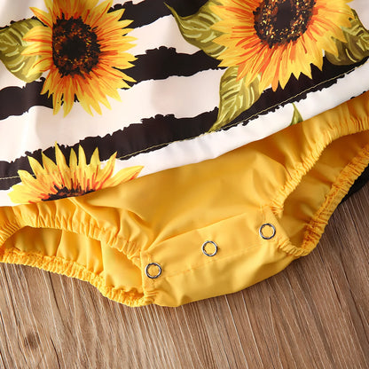 Yellow sunflower lace baby romper size 70-100cm, 80% polyester, breathable for summer, lengths 39-45cm