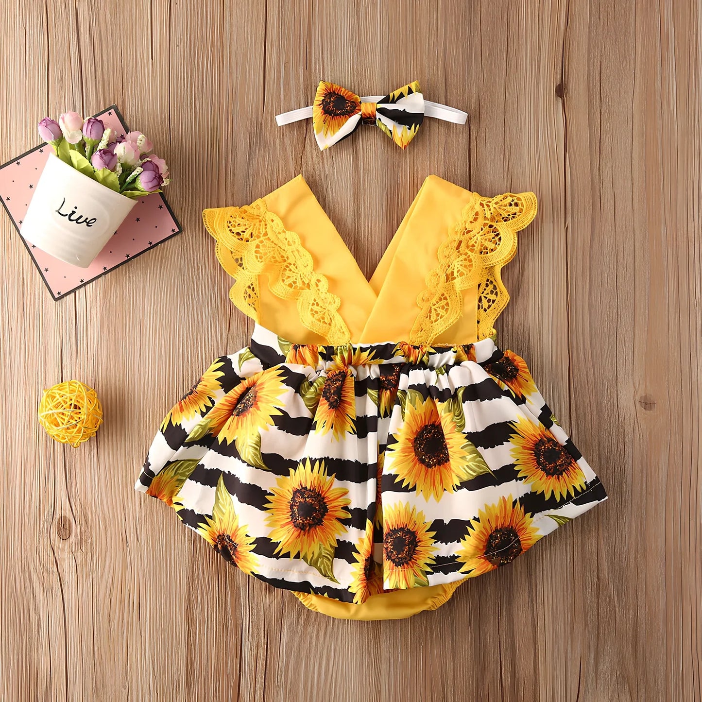 Yellow sunflower lace baby romper size 70-100cm, 80% polyester, breathable for summer, lengths 39-45cm