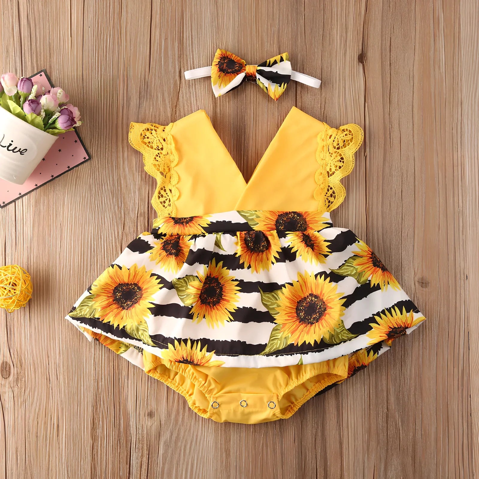 Yellow sunflower lace baby romper size 70-100cm, 80% polyester, breathable for summer, lengths 39-45cm