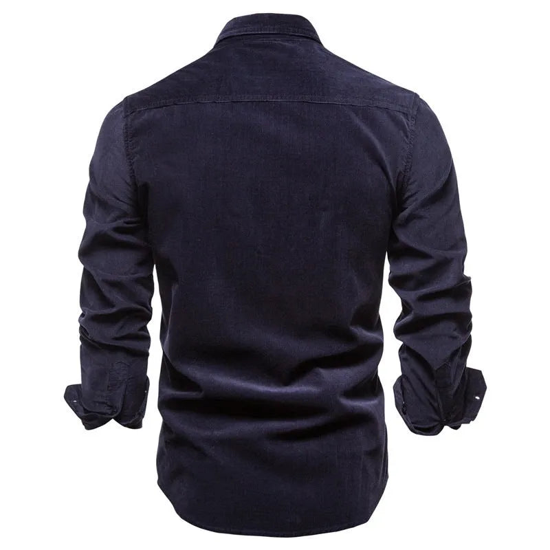 Men's linen long sleeve shirt in denim blue with college-style design