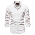 Men's linen long sleeve shirt in denim blue with college-style design