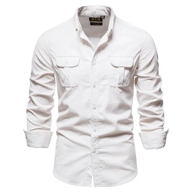 Men's linen long sleeve shirt in denim blue with college-style design