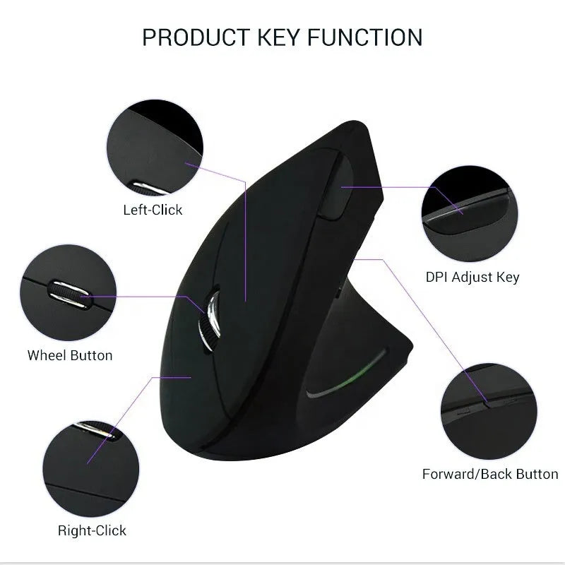 Ergonomic rechargeable wireless vertical mouse, black, right hand design with 1600 DPI optical sensor and USB receiver