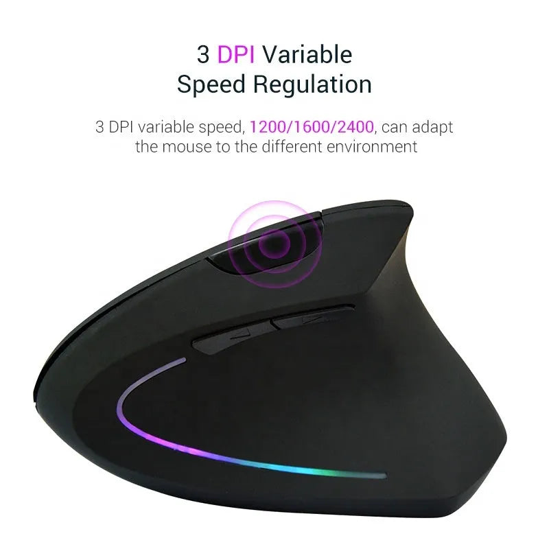 Ergonomic rechargeable wireless vertical mouse, black, right hand design with 1600 DPI optical sensor and USB receiver