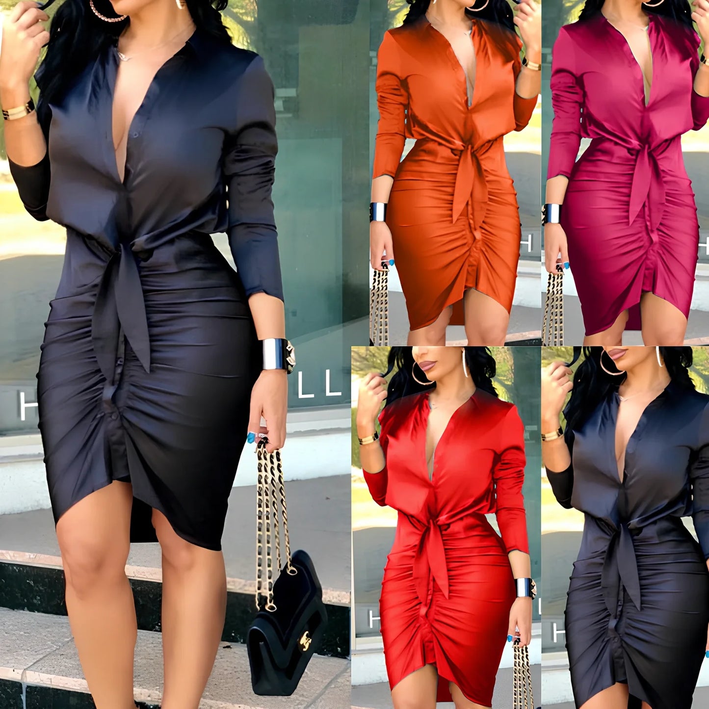 Women's black lace-up midi shirt dress with long sleeves and waist folds, measuring 92cm length