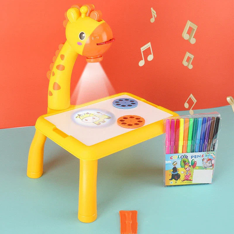 Children's art desk with LED projector, watercolor pens, and music function for creative expression and learning