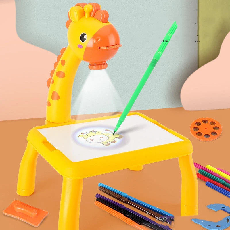 Children's art desk with LED projector, watercolor pens, and music function for creative expression and learning