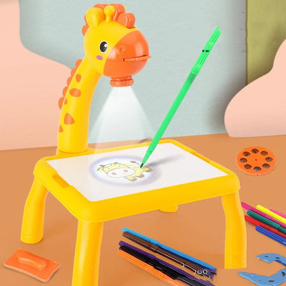 Children's art desk with LED projector, watercolor pens, and music function for creative expression and learning