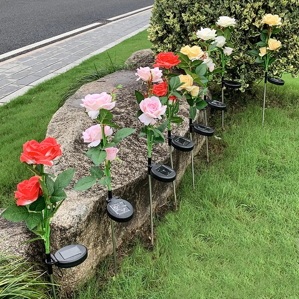 80cm tall solar-powered rose garden light with three heads and ground plug for lawn installation