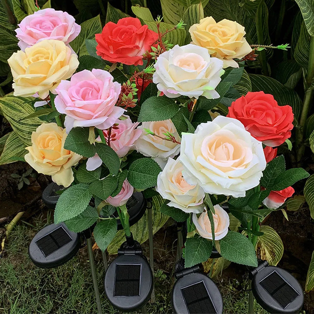 80cm tall solar-powered rose garden light with three heads and ground plug for lawn installation