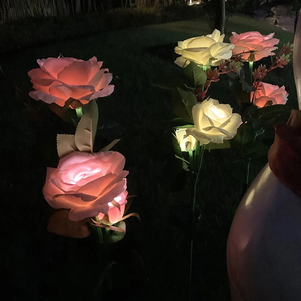 80cm tall solar-powered rose garden light with three heads and ground plug for lawn installation
