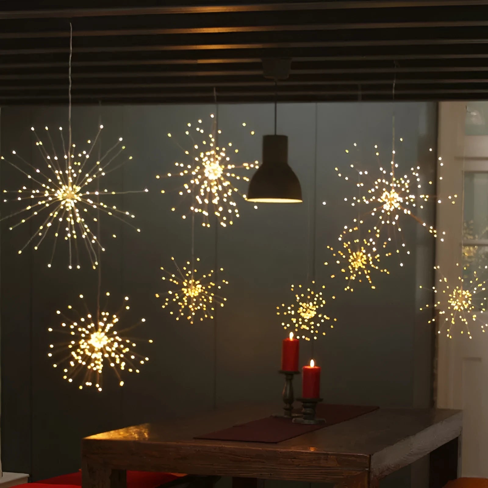 Solar-powered LED meteor shower decoration light with warm white LEDs in a PVC shell for outdoor garden use.