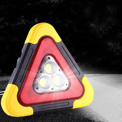 Solar-powered car tripod warning sign with reflective surfaces for emergency use