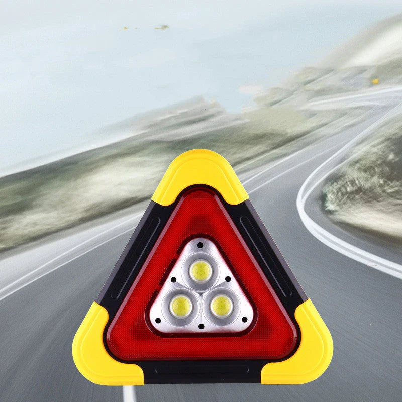 Solar-powered car tripod warning sign with reflective surfaces for emergency use