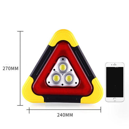 Solar-powered car tripod warning sign with reflective surfaces for emergency use