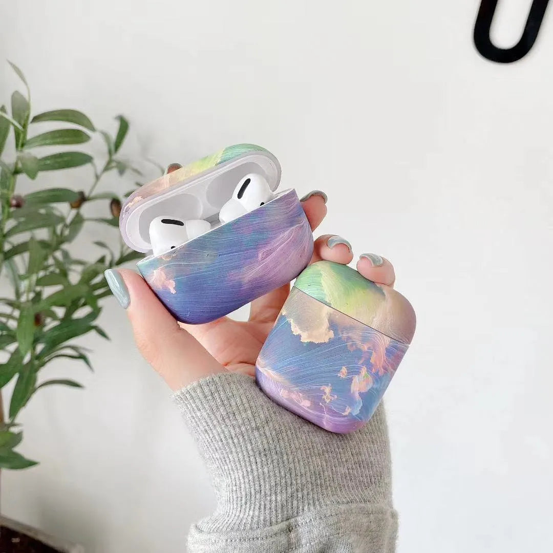 Pink and blue watercolour hard plastic protective case for Apple AirPods Pro and AirPods 1 2 charging cases.