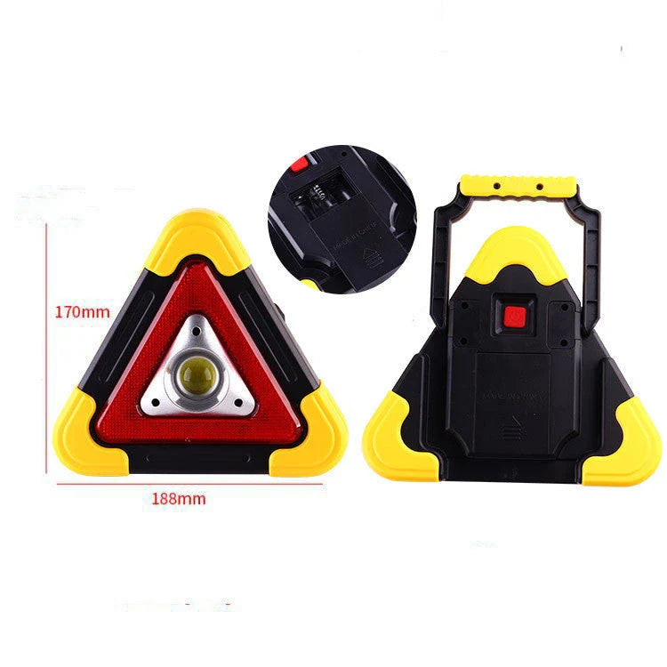 Solar-powered car tripod warning sign with reflective surfaces for emergency use