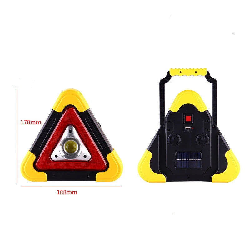 Solar-powered car tripod warning sign with reflective surfaces for emergency use