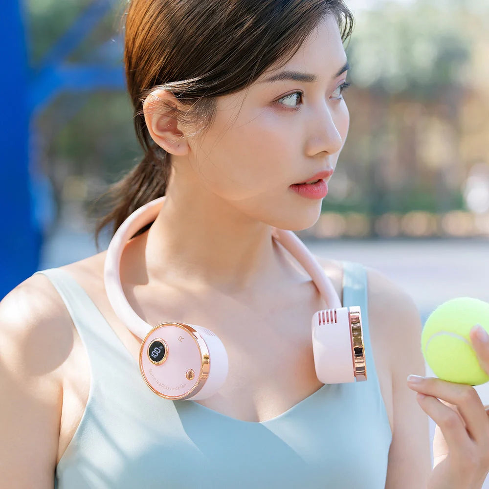 USB Portable Digital Display Large-capacity Battery Hanging Neck-fan in white, pink, and blue